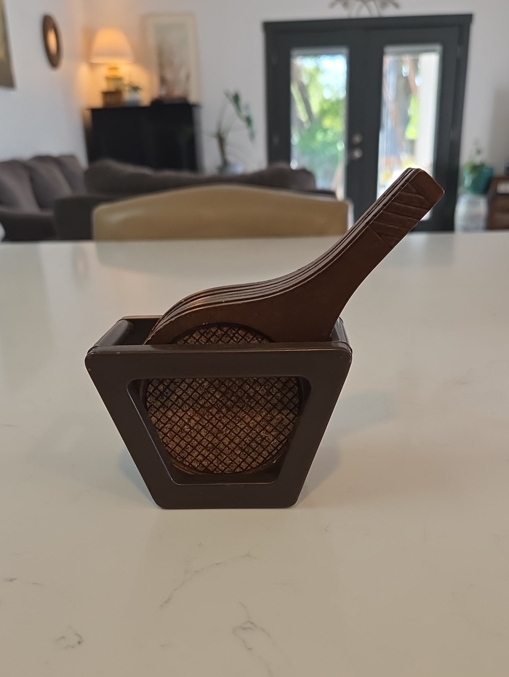Mid Century Modern Cork Tennis Raquet Coasters With Holder.